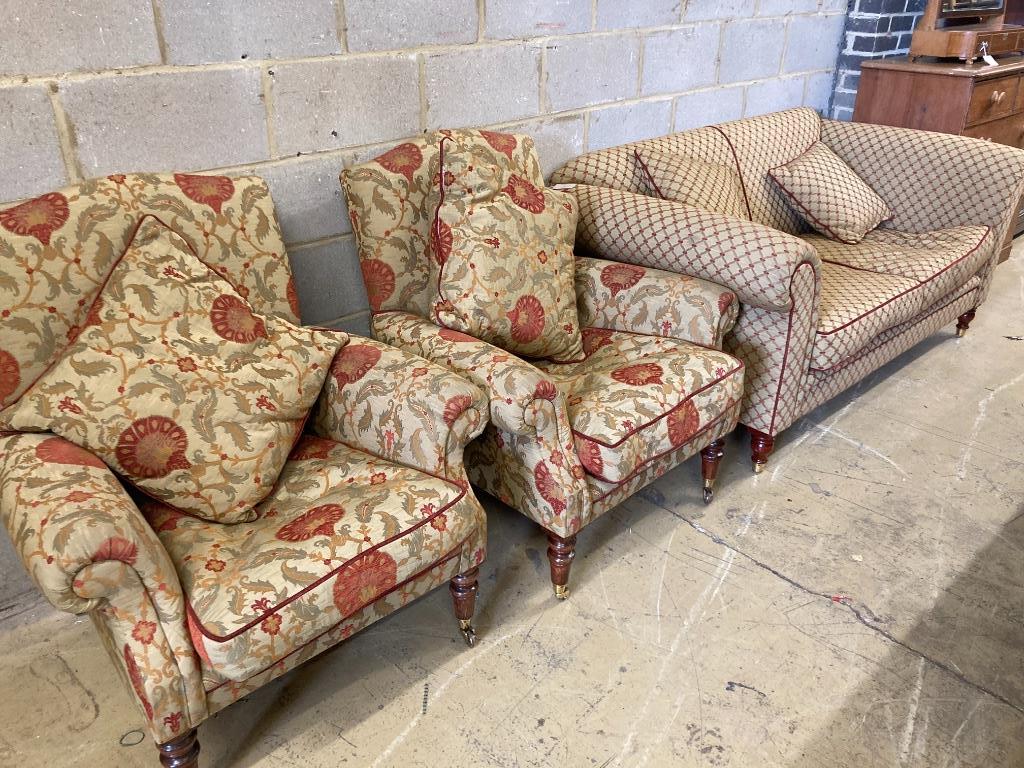 A Victorian style two seater sofa and a pair of armchairs, sofa length 178cm, depth 90cm, height 78cm